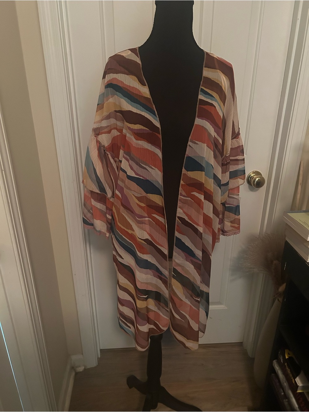 Democracy Bell Sleeved Fall Color Striped Women’s Flowy Kimono Tunic